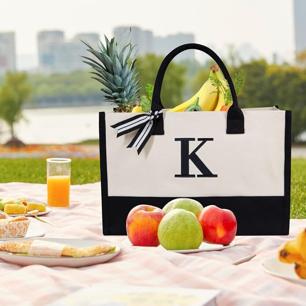 Personalized Canvas Beach Bag Monogram Gift Tote for Women 17x12 - Picture 4 of 7